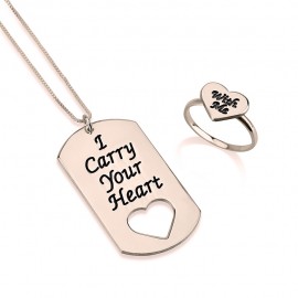 Conjunto de Collar de Identificación “Llevo tu corazón conmigo” y Anillo